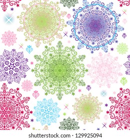 Seamless colorful pattern with lacy vivid circles and stars (vector)