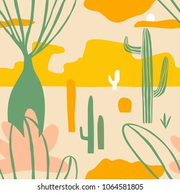 The seamless colorful pattern with landscape. Cactus in the desert. Hand-drawn overlapping background for your design.Textile, blog decoration, banner, poster, wrapping paper.