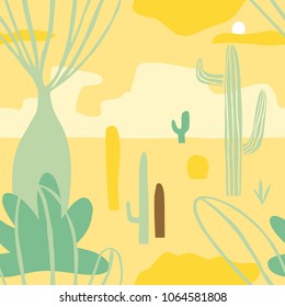 The seamless colorful pattern with landscape. Cactus in the desert. Hand-drawn overlapping background for your design.Textile, blog decoration, banner, poster, wrapping paper.