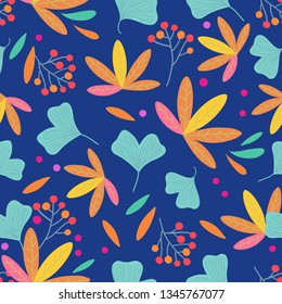 Seamless colorful pattern with leaves and berries
