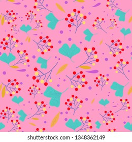 Seamless colorful pattern with leaves and berries