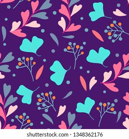 Seamless colorful pattern with leaves and berries