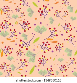 Seamless colorful pattern with leaves and berries