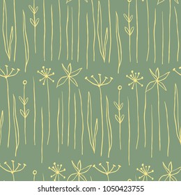 The seamless colorful pattern with leaves, branches and dry flowers. Hand drawn overlapping nature background for your design.Textile, blog decoration, banner, poster, wrapping paper.