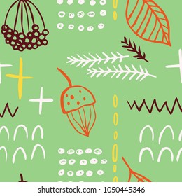 The seamless colorful pattern with leaves, branches and berries of mountain ash. Hand drawn overlapping nature background for your design.Textile, blog decoration, banner, poster, wrapping paper.
