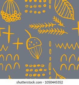 The seamless colorful pattern with leaves, branches and berries of mountain ash. Hand drawn overlapping nature background for your design.Textile, blog decoration, banner, poster, wrapping paper.
