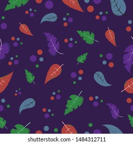 Seamless colorful pattern leaves shapes on purple background and dots purple red green foliage repeat endless texture for print, wallpaper, wrapping, textile