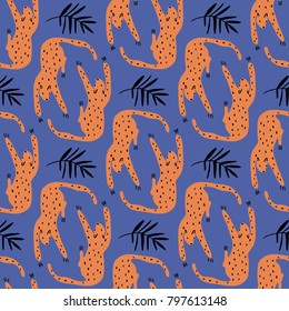 The seamless colorful pattern with leopard and palm leafs. Textile, blog decoration, banner, poster, wrapping paper.