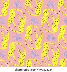 The seamless colorful pattern with leopard and palm leafs. Textile, blog decoration, banner, poster, wrapping paper.