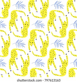 The seamless colorful pattern with leopard and palm leafs. Textile, blog decoration, banner, poster, wrapping paper.