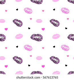 Seamless colorful pattern with lips imprints and hearts. 