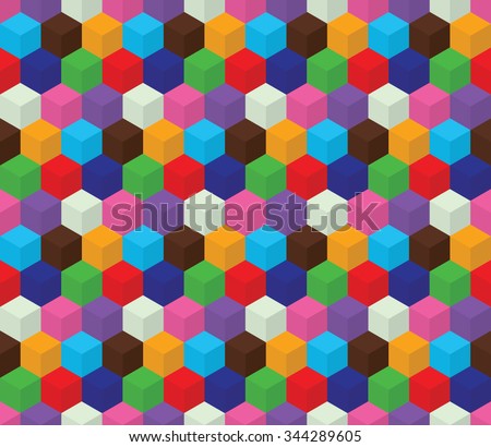 Seamless colorful pattern made from geometric element cube. Background. Optical illusion. Green, red, blue, broun, white, pink, violet colors, vector