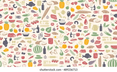 Seamless colorful pattern made from small food illustrations. 