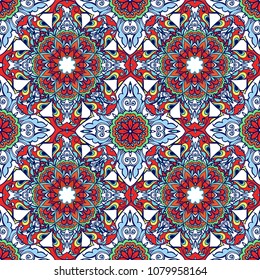 Seamless colorful pattern with mandala. Hand drawn pattern in turkish style. Islam, Arabic, Indian, ottoman motif. 