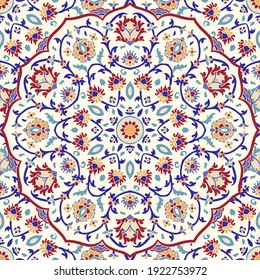 Patrón colorido sin inconfundible con mandala. Elementos decorativos de época. Patrón dibujado a mano en estilo turco. Islam, motivos árabes, indios, otomanos. Ilustración vectorial.	