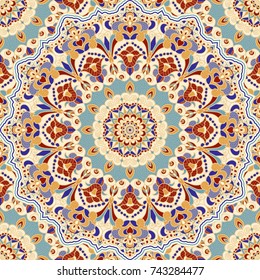 Seamless colorful pattern with mandala. Vintage decorative element. Hand drawn tile in turkish style. Islam, Arabic, Indian, ottoman motif. Vector illustration