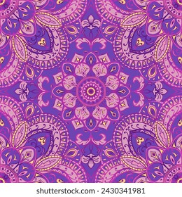 Seamless colorful pattern with mandalas. Vector purple background. Template for fabric, carpet, rug, textile, wallpaper