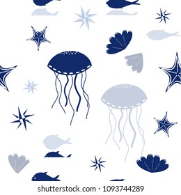 Seamless colorful  pattern of marine life. Childish texture for fabric, textile,wallpapers, pattern fills, surface textures. Vector background .