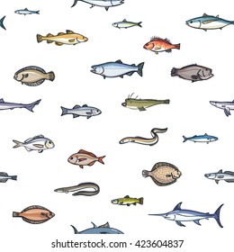 Seamless colorful pattern of marketable fish, hand drawn style