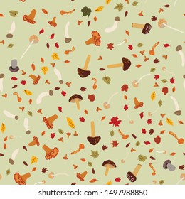 Seamless colorful pattern with mix mushrooms. Flat cartoon style. Vector illustration.