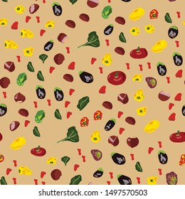 Seamless colorful pattern with mix peppers and tomatoes. Flat cartoon style. Vector illustration