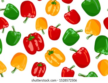 Seamless colorful pattern with multicolored bell peppers on a white background. Hand drawn Vector illustration. Vegetable collection. Perfect for kitchen interior, wrapping paper, menu design, tile.