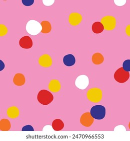 Seamless colorful pattern with multi-colored polka dots, confetti on a pink background, hand drawn illustration