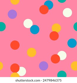 Seamless colorful pattern with multi-colored polka dots, confetti on a pink background