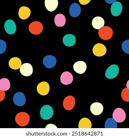 Seamless colorful pattern with multi-colored polka dots, confetti on a black background, hand drawn illustration