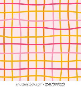 Seamless colorful pattern of multi-colored thin curved checkered lines on a light background, simple cute hand drawn illustration, flat style