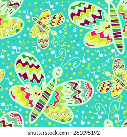 Seamless colorful pattern with music and funny cartoon butterfly. Vector hand drawn insect on blue background.