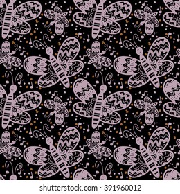 Seamless colorful pattern with music and funny cartoon butterfly. Vector hand drawn illustration