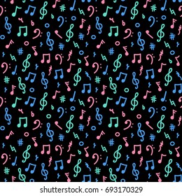 Seamless colorful pattern of musical symbols. Music note background. Vector illustration.
