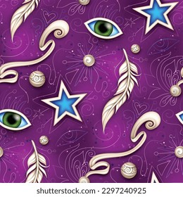Seamless Colorful Pattern Mystical Cosmic Set of Deco Elements. Eye, Feather, Star and Beads. Aesthetic Surreal Insect. Futuristic Abstract Concept. Textured Fantasy Background. Vector 3d Illustration