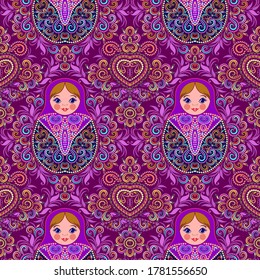 Seamless colorful pattern with nesting dolls. Traditional russian pattern - art symbol. Classical design and decorating, vector print.