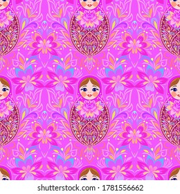 Seamless colorful pattern with nesting dolls. Traditional russian pattern - art symbol. Classical design and decorating, vector print.