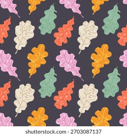 Seamless colorful pattern of orange, green, and purple leaves on a dark background.