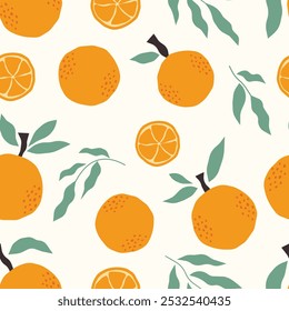 Seamless colorful pattern with orange and leaves. Modern texture design for paper, fabric, cover with juicy fruits. Vector hand drawn background.