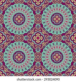 Seamless colorful pattern in oriental style with mandala circular ornament. Islam, Arabic, Asian and Indian motifs