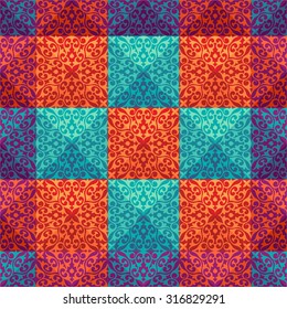 Seamless colorful pattern in oriental style with effect of volume. Islam, Arabic, Asian motifs. Looks like patchwork 