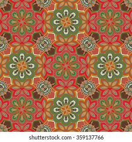 Seamless colorful pattern in oriental style. Islam, Arabic, Asian motifs. Red green background.