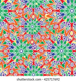 Seamless colorful pattern. Oriental style. Fabric or wallpaper texture. Ethnic Mandala forms. Islam, Arabic, Indian motifs. Abstract Tribal vector. Floral background. Creative elements. Bright surface