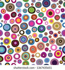 Seamless colorful pattern with painted rings and dots and concentric circles on transparent background. Vector image. Eps 8