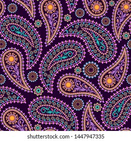 Seamless colorful pattern with paisley. Traditional bright ethnic ornament. Vector print. Use for wallpaper, pattern fills,textile design.	