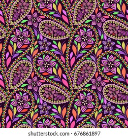 Seamless colorful pattern with paisley. Traditional bright ethnic ornament,. Vector print. Use for wallpaper, pattern fills,textile design.