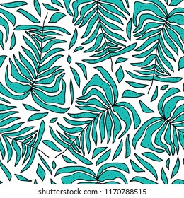 The seamless colorful pattern with palm tree leaves. Hand drawn exotic overlapping nature background for your design.Textile, blog decoration, banner, poster, wrapping paper.