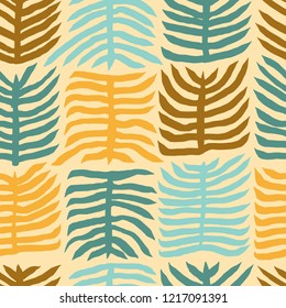 The seamless colorful pattern with palm tree leaves. Hand drawn exotic overlapping nature background for your design.Textile, blog decoration, banner, poster, wrapping paper.