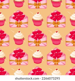 Seamless colorful pattern with pink envelopes tied with satin ribbons and filled with red hearts, along with delectable delicious cupcakes with whipped vanilla cream in paper crimped packaging. Vector