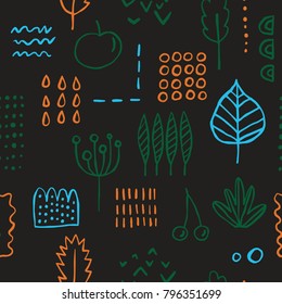 The seamless colorful pattern with plants, leaves, fruits and abstract elements. Hand drawn overlapping nature background for your design.Textile, blog decoration, banner, poster, wrapping paper.
