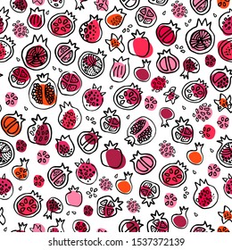 Seamless colorful pattern with pomegranates and grains - different forms and styles, doodle hand drawn painting, bicolor. Fruit set for decor on white background. Healthy food. Paper print